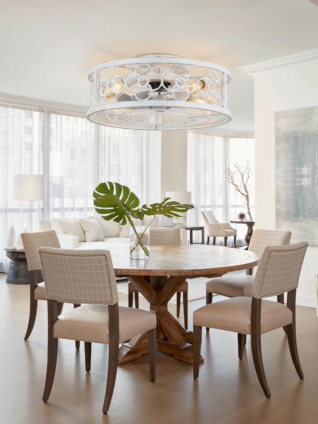 20' Caged Ceiling Fan with Light, Fandelier Ceiling Fan with Light, Low Profile Flush Mount for Bedroom, Living Room