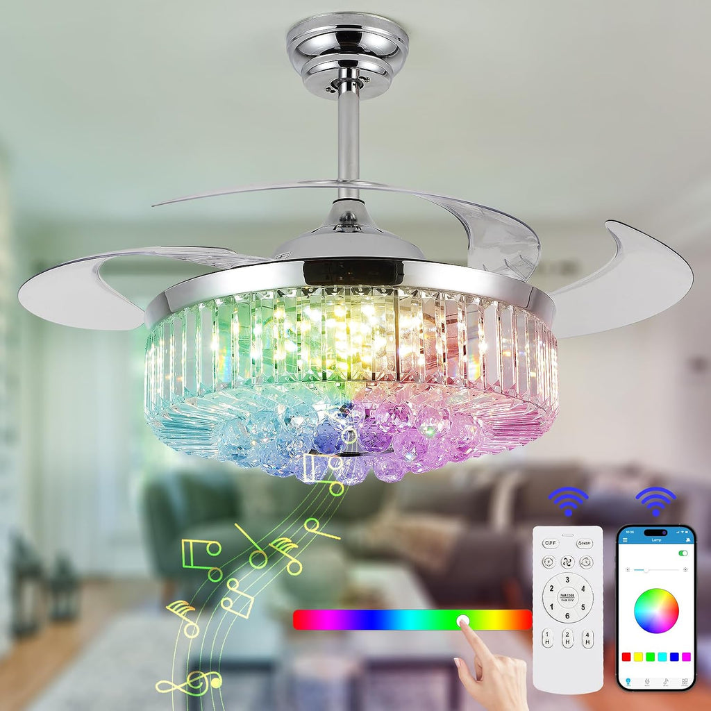48' Fandelier Ceiling Fan with Light,Silver Retractable Ceiling Fans with Remote Control,RGB Chandelier Ceiling Fan with 6-Speed Reversible Blades,APP Control