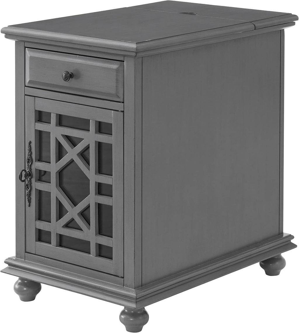 Martin Svensson Home Elegant Chairside End Table with Power — 24″W x 16″D x 25″H, Gray — Transitional Painted Accent Table with Flip-Top USB Charging, Drawer & Cabinet Storage