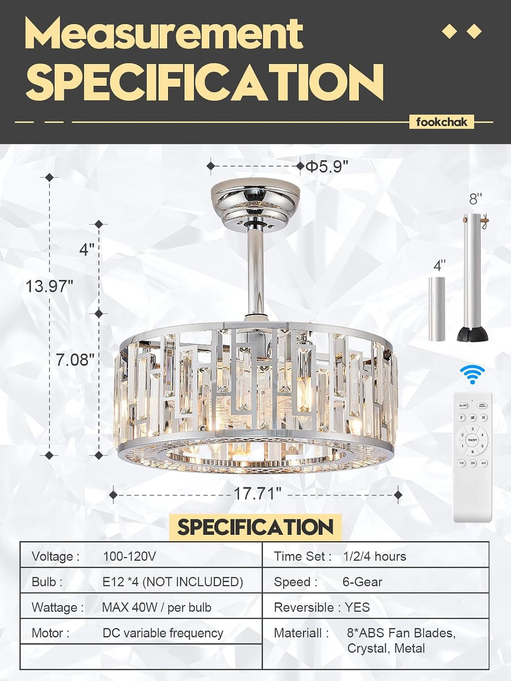Modern Chrome Caged Ceiling Fan with Light for Bedroom Crystal Ceiling Light Fixture with Fan Bladeless Ceiling Fan Light for Kitchen Hallway Dining Room