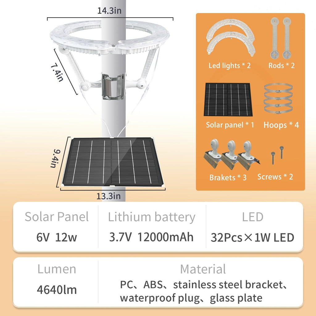 Flag Pole Light Solar Powered, 4640 Lumen Solar Flag Pole Light, Up to 15 Hrs 12000mAh Flag Light for Outdoor 15-40 Ft Flag Pole, Fits 2-6' Dia Flagpole, Dusk to Dawn, White