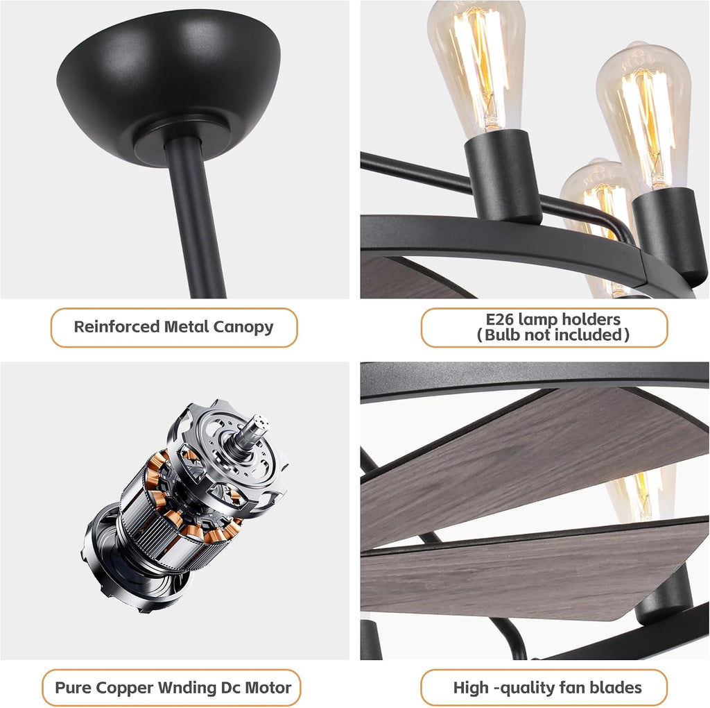She's home 43' Black Wagon Wheel Chandelier Fan with Light, 12-Lights Large Round Candle Farmhouse Fandelier Ceiling Fan with Light Fixture for Living Room, Dining Room, Height Adjustable