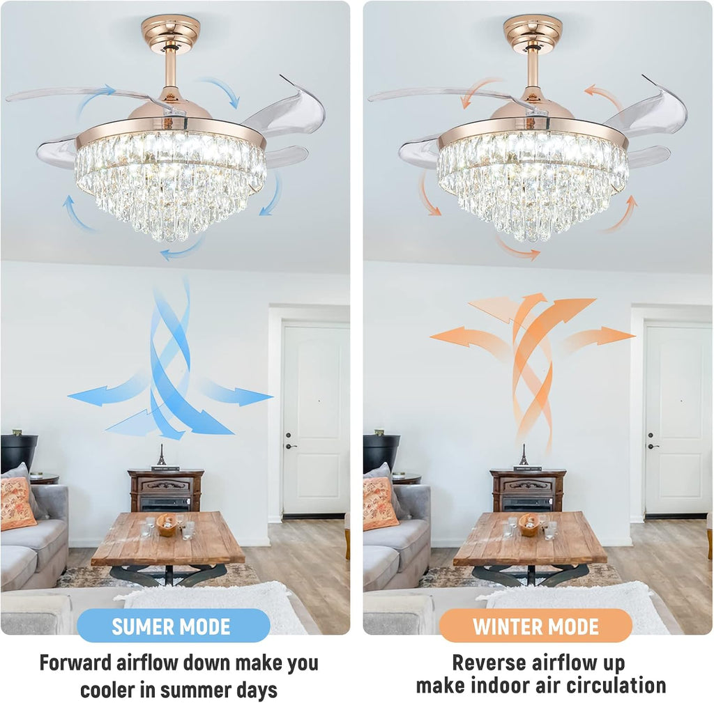 CLAIRDAI 42'' Crystal Fandelier Ceiling Fan with Lights, Dimmable LED Fan with Retractable Blades, Remote, 6-Speed Reversible, Semi Flush Mount for Bedroom Dining Room