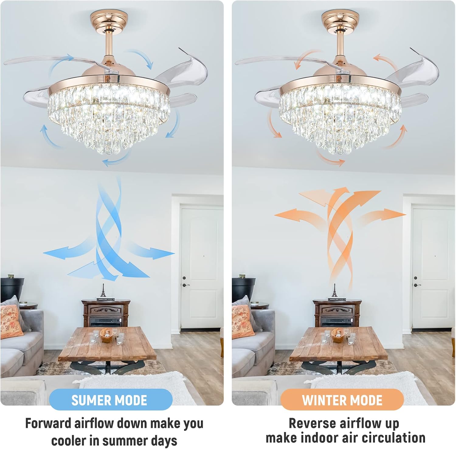 CLAIRDAI 42'' Crystal Fandelier Ceiling Fan with Lights, Dimmable LED Fan with Retractable Blades, Remote, 6-Speed Reversible, Semi Flush Mount for Bedroom Dining Room
