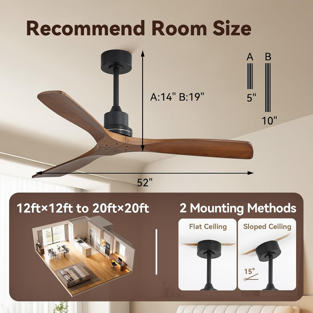 Sofucor Ceiling Fan no Lights, 52 Inch Low Profile Flush Mount Ceiling Fans with Remote, Modern Wood Ceiling Fan for Bedroom Indoor Outdoor, 6-Speed Reversible DC Motor Dimmable Timer