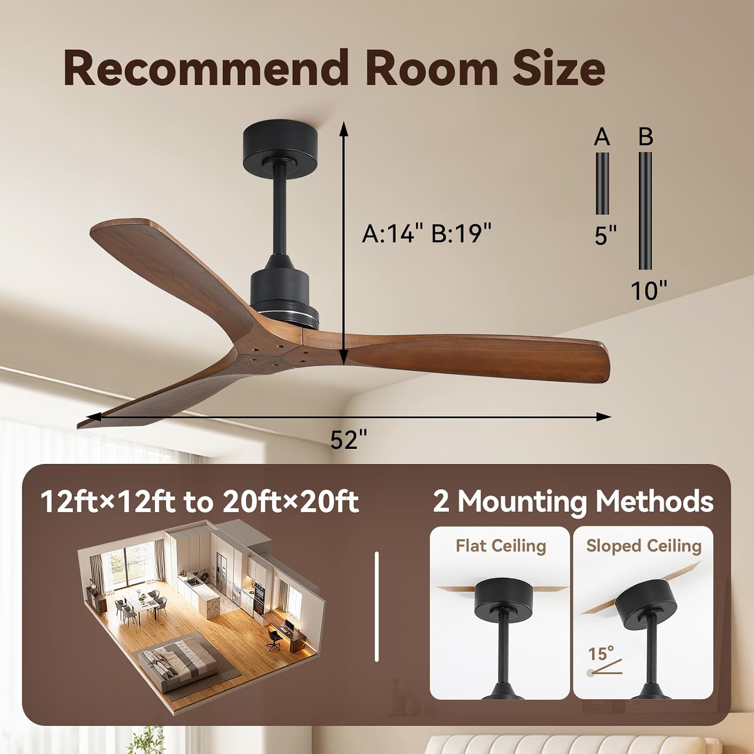 Sofucor Ceiling Fan no Lights, 52 Inch Low Profile Flush Mount Ceiling Fans with Remote, Modern Wood Ceiling Fan for Bedroom Indoor Outdoor, 6-Speed Reversible DC Motor Dimmable Timer