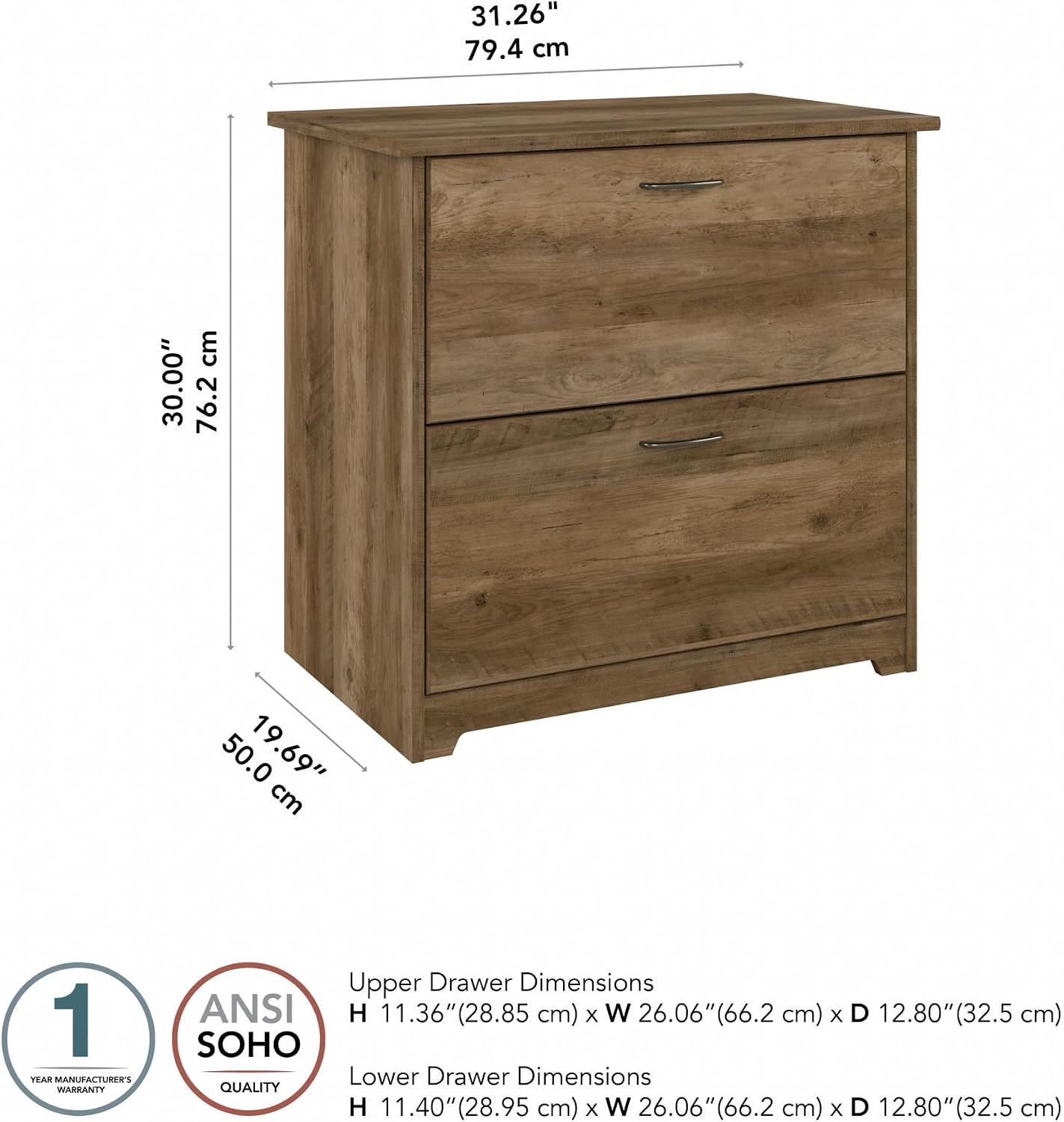 Bush Home Cabot 2 Drawer Lateral File Cabinet in Reclaimed Pine, Home Office Chest for Letter, Legal, and A4-size Document Storage