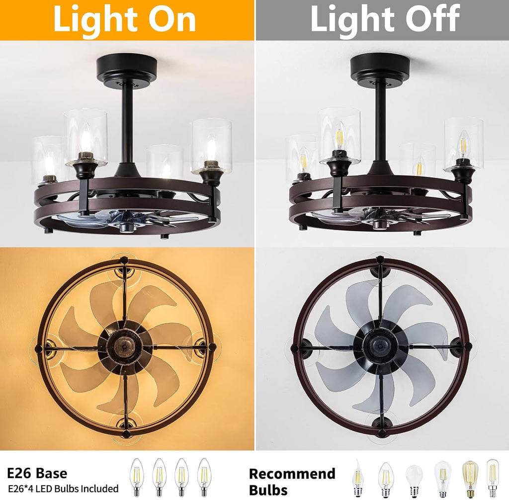 Caged Ceiling Fan with Light, 21' Farmhouse Ceiling Fan with Light for Bedroom/Kitchen/Dining/Room, Black Ceiling Fan with Lights Remote Control, DC Motor, Four LED Lights, Indoor, Bronze