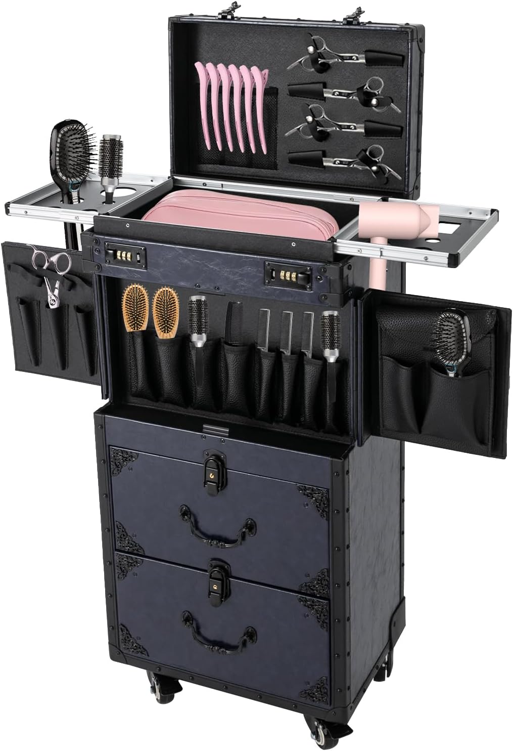 Rolling Makeup Case, Cosmetic Train Cases Professional Hair Stylist Travel Case Nail Salon Cart Trolley Carts With 4 Wheels Rolling Cosmetology Case For Barber Shop Beauty Salon Nail Salon (Blue)