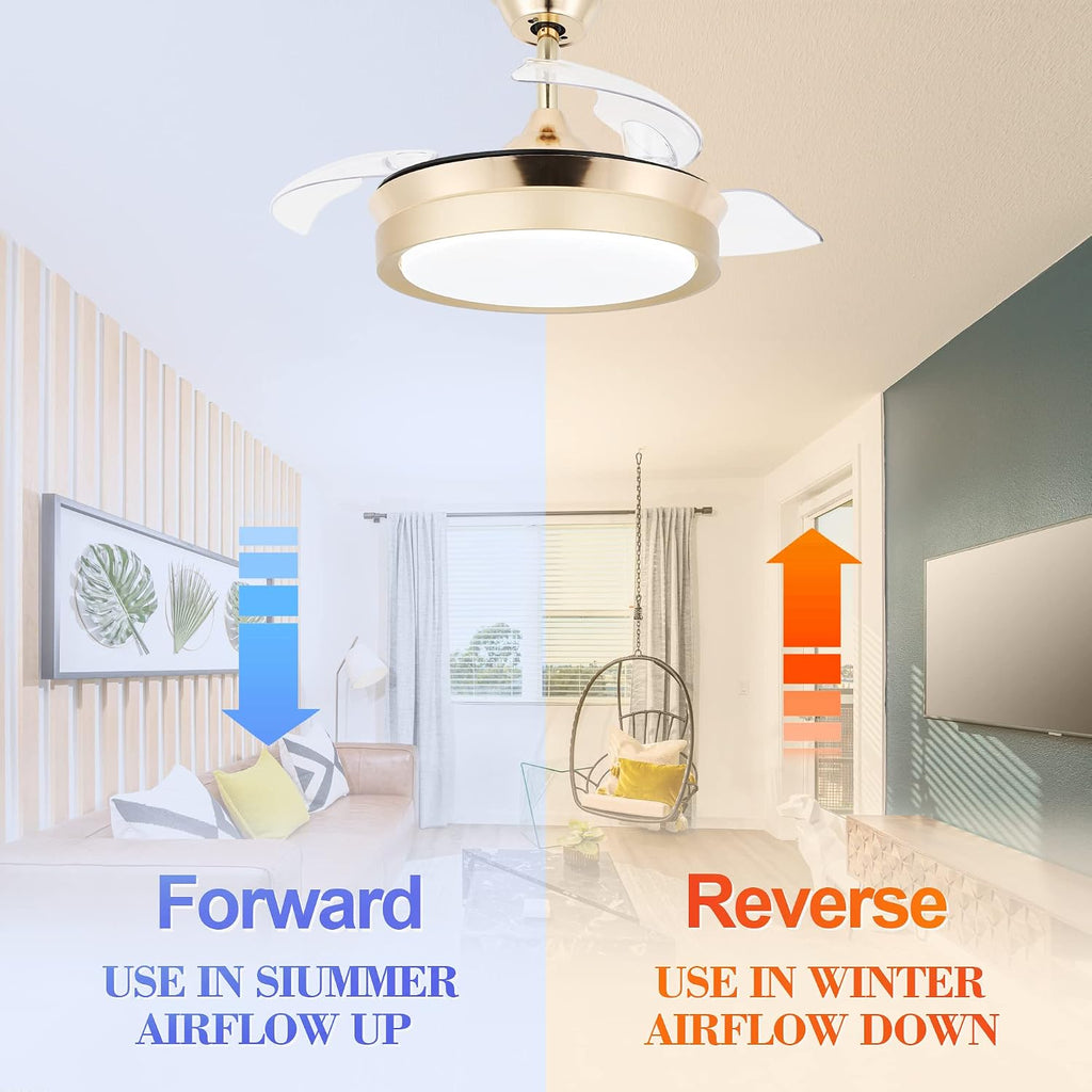 Bella Depot Retractable Ceiling Fan with Lights and Remote with 3 Color Change, Timing Options, Silent Noiseless for Dining Room Bedroom Kitchen (Gold, 36')