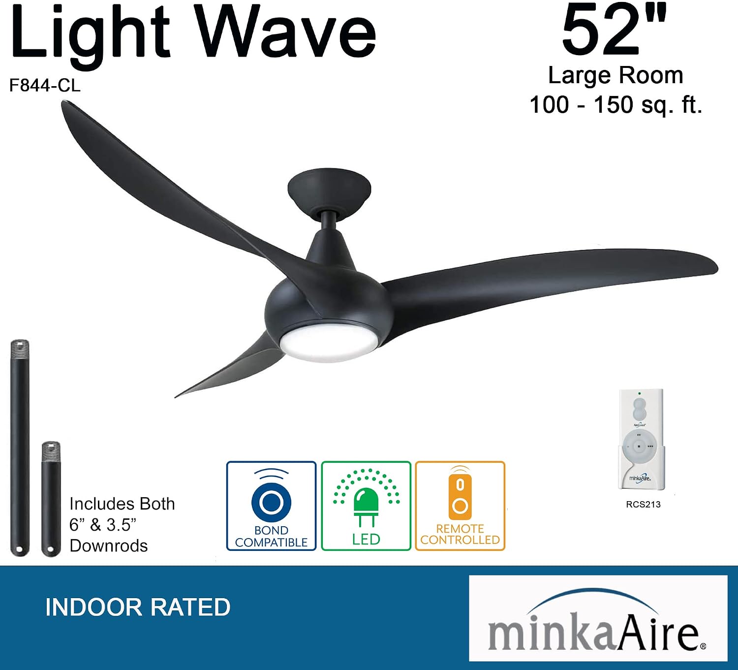 Minka Aire F844-CL Light Wave LED 52' Black Low Profile Ceiling Fan with Light, Remote Control and 3.5 Inch Downrod