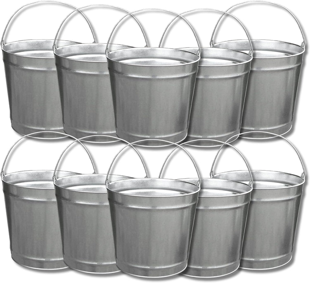 5 Quart (1.25 Gallons) Industrial Galvanized Metal Steel Pail Bucket with Handle, 7.25' Diameter | Great to use for Ice Buckets, Livestock, Gardening - 10 Pack