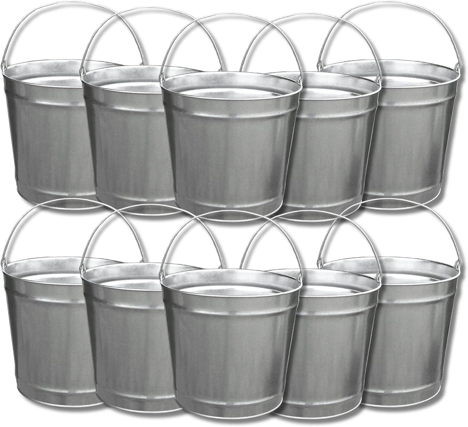 5 Quart (1.25 Gallons) Industrial Galvanized Metal Steel Pail Bucket with Handle, 7.25' Diameter | Great to use for Ice Buckets, Livestock, Gardening - 10 Pack