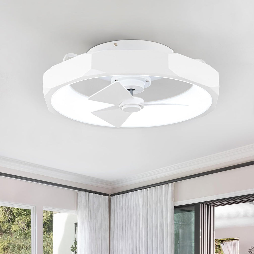 Parrot Uncle Low Profile Ceiling Fans with Lights and Remote, 20 Inch Bladeless Ceiling Fan for Bedroom Flush Mounted, Dimmable Light, Reversible DC Motor, Timer (White)