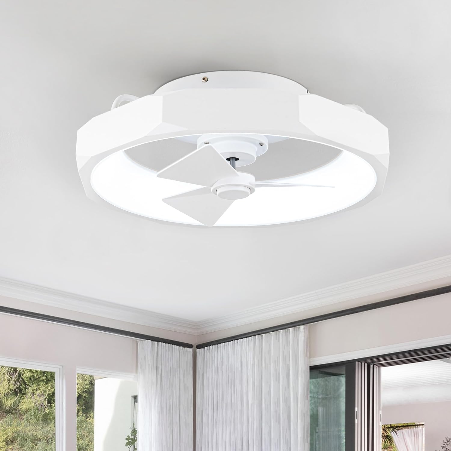 Parrot Uncle Low Profile Ceiling Fans with Lights and Remote, 20 Inch Bladeless Ceiling Fan for Bedroom Flush Mounted, Dimmable Light, Reversible DC Motor, Timer (White)