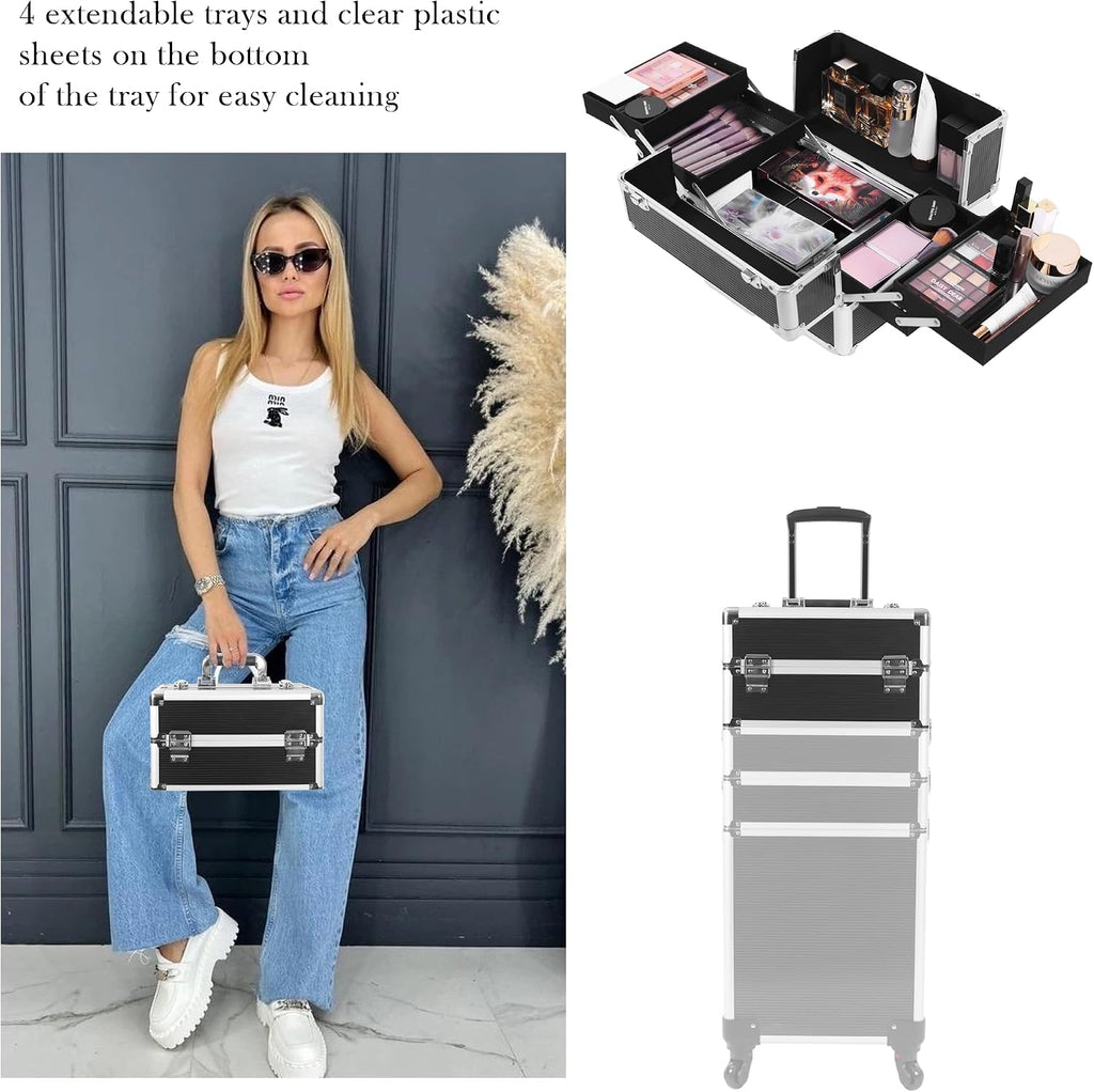 5-in-1 Rolling Makeup Train Case, Large Professional Cosmetic Trolley Organizer on Wheels with 360° Swivel Wheels, Lockable Black Aluminum Travel Case for Makeup Artists, Nail Techs & Hairstylists