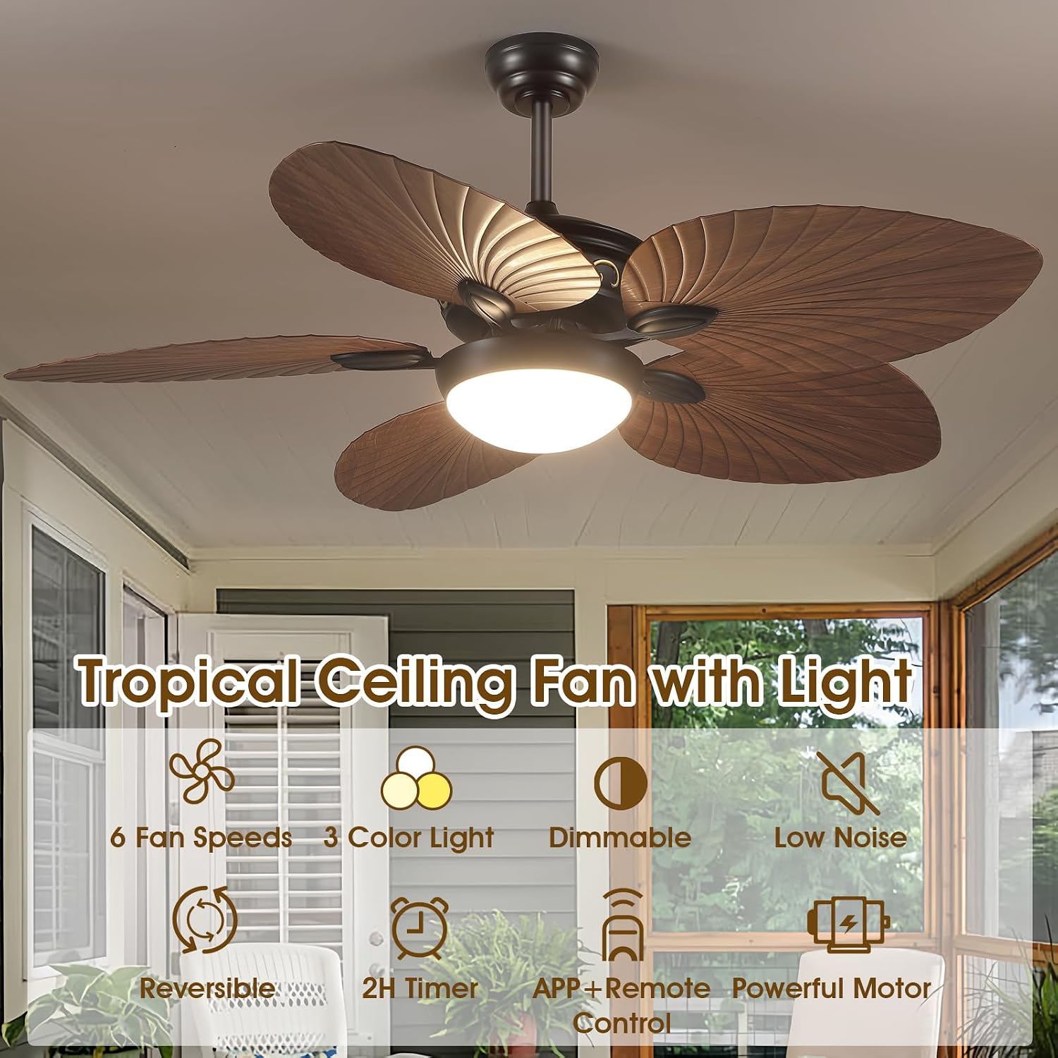 Wiviniya 52 Inch Tropical Ceiling Fans with Lights, Palm Leaf Outdoor Ceiling Fan with Light for Patios Porch Bedroom, Remote/APP Control, Reversible Quiet DC Motor, Dimmable LED, Brown