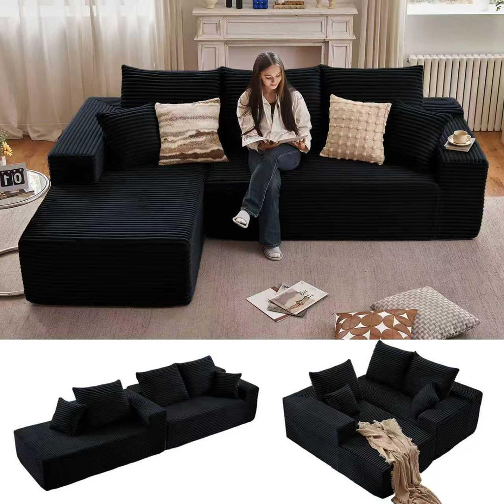 96' Modular Sectional Sofa,Modern Corduroy Cloud Couch,Boneless Couch Upholstered 3-Seater L-Shaped Sofa for Living Room,Couch in a Box No Assembly (Black, Left-Facing Chaise)