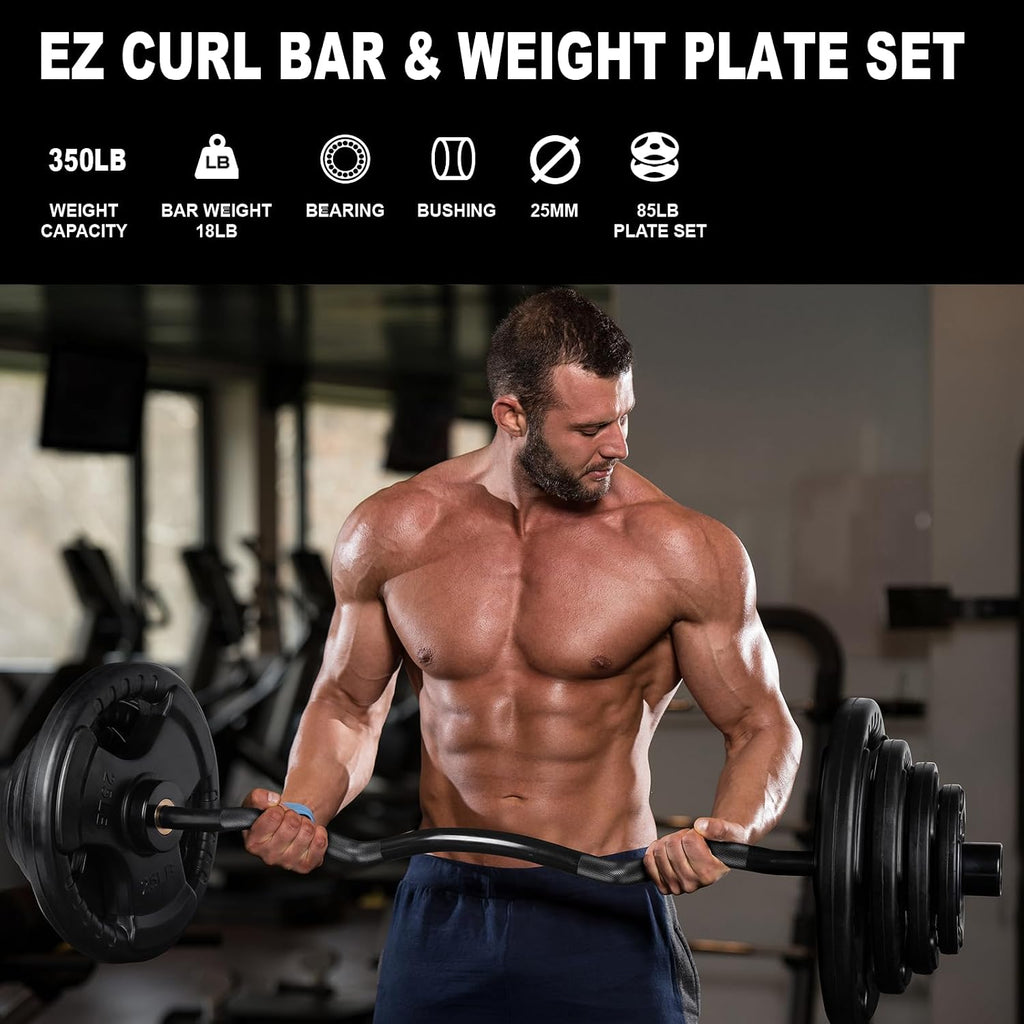 LIONSCOOL EZ Curl Bar Weight Set, 2 Inch Easy Curl Barbell with Weight Plates for Strength Training, Olympic Weightlifting, Squats, Curls, Deadlifts, Presses, Hip Thrusts, 350lbs/700lbs Weight Capacity