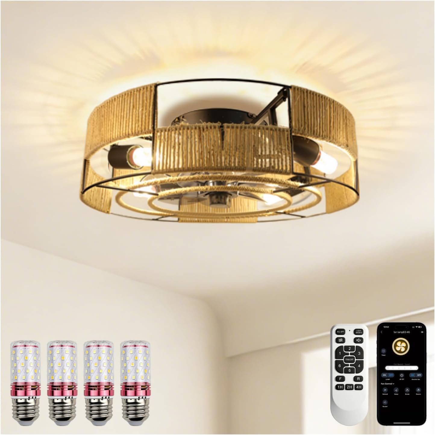 Ceiling Fans with Lights Flush Mount, 20 Inch Caged Low Profile Ceiling Fans with 3 Mode Lighting and Remote Control with E26 Bulbs for Bedroom, Nursery, Garage (Dark Yellow)