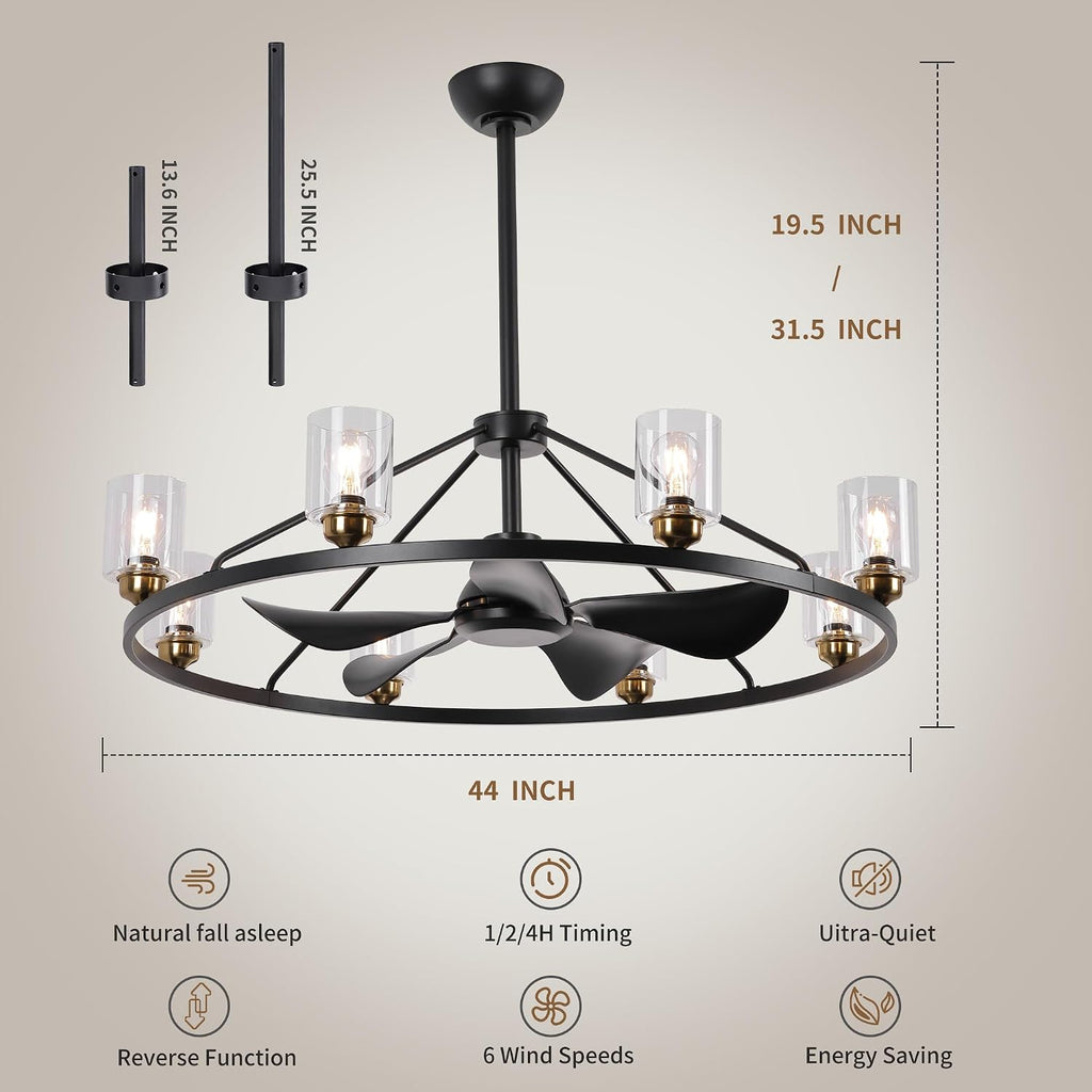 44 inch Ceiling Fans with Lights Wagon Wheel Chandelier, Farmhouse Fandelier Black Gold Fans with Glass Lampshade Light Fixture,App control,6 Speed,Timing,Adjustable Height for Dining Room Living Room