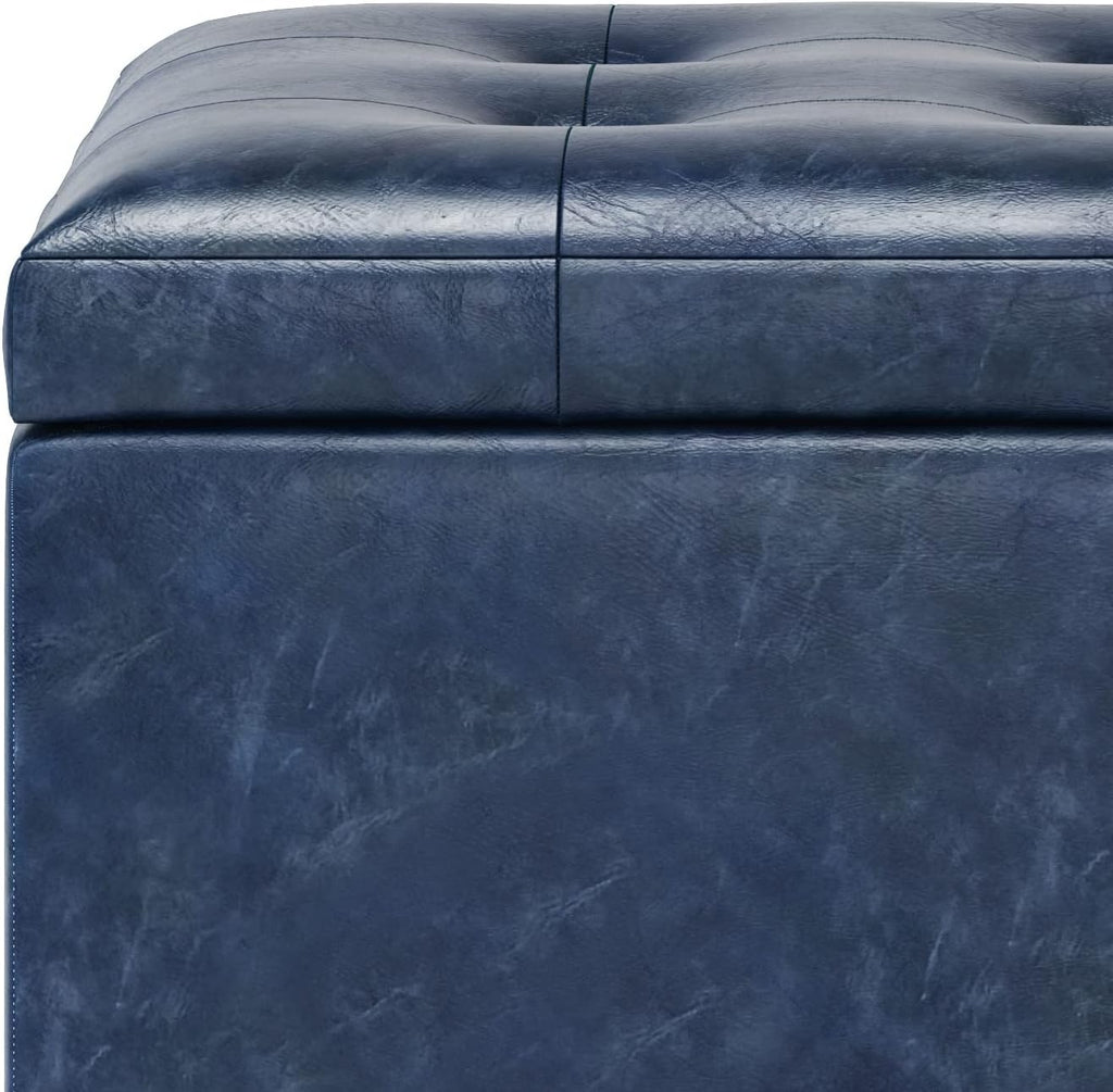 SIMPLIHOME Cosmopolitan Storage Ottoman - 34 inch Wide Upholstered Vegan Leather Rectangle Storage Ottoman Bench in Denim Blue, Transitional Tufted Ottoman for Living Room or Entryway with Lift-Up Lid