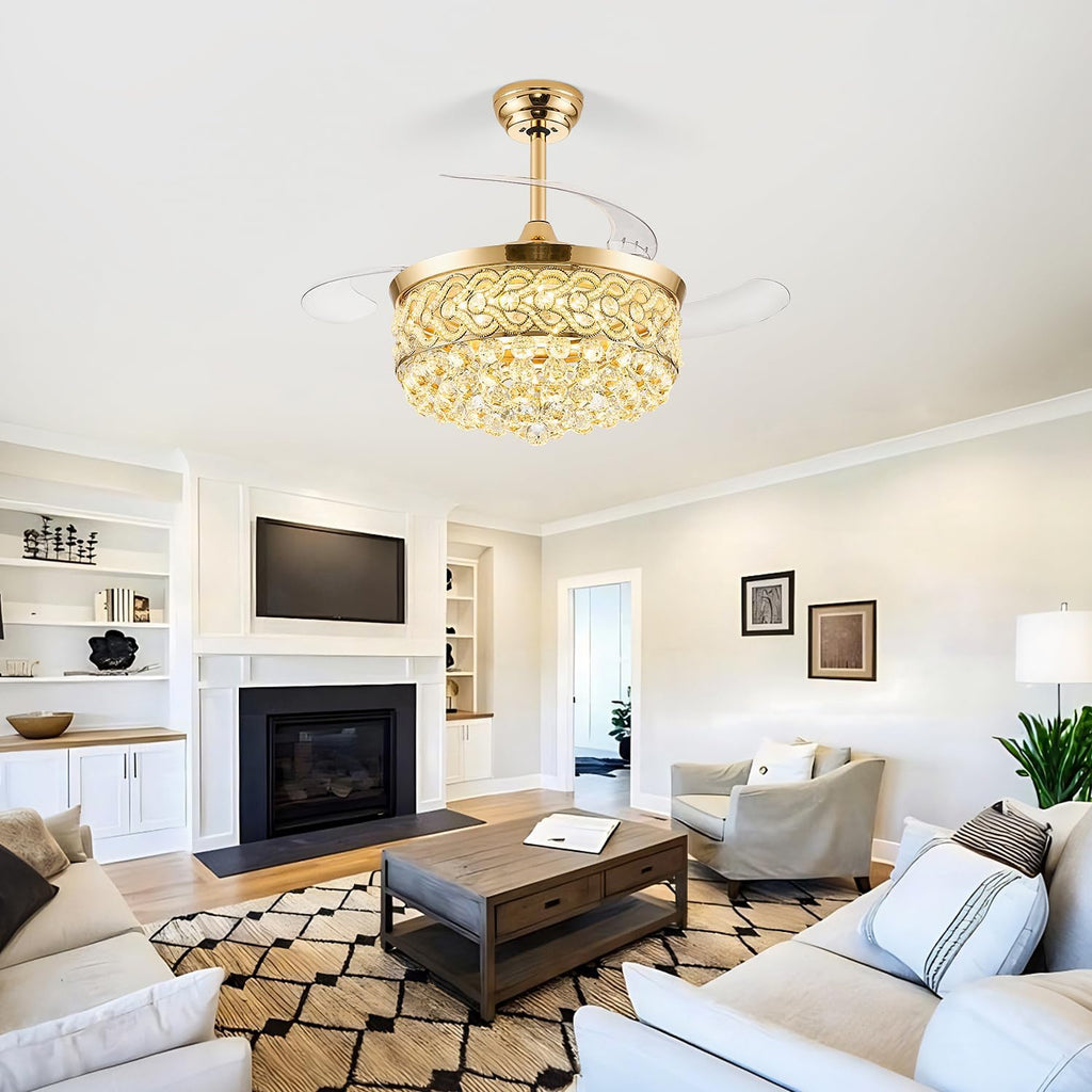 TXCSLY 48' Crystal Fandelier Ceiling Fan with Light, Retractable Ceiling Fans Chandelier Fan with Retractable Blades Dimmable Crystal Ceiling Fan Chandelier Fans for Bedroom Living Room-Gold