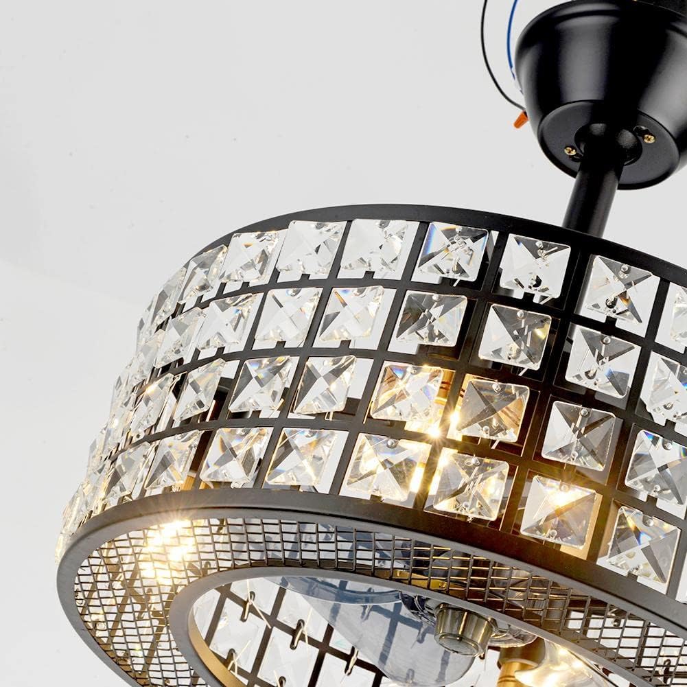 Crystal Ceiling Fan with Light and Remote, Black Caged Chandelier Fan 3 Speeds Timer Industrial Bladeless Dimmable Fandelier for Bedroom Dinning Room
