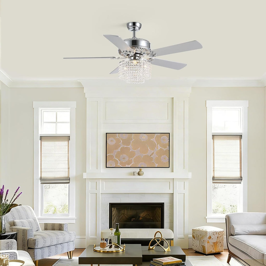 52 Inch Crystal Ceiling Fan with Light and Remote, Modern Reversible Chandelier Fan with Wood Blades, Elegant Fandelier Ceiling Light Kit for Bedroom Dining Room Living Room, Chrome