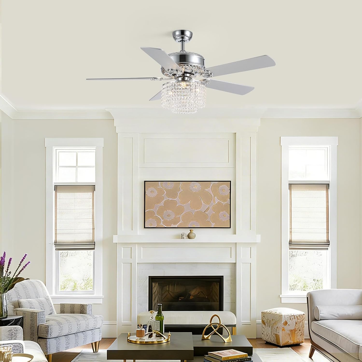 52 Inch Crystal Ceiling Fan with Light and Remote, Modern Reversible Chandelier Fan with Wood Blades, Elegant Fandelier Ceiling Light Kit for Bedroom Dining Room Living Room, Chrome