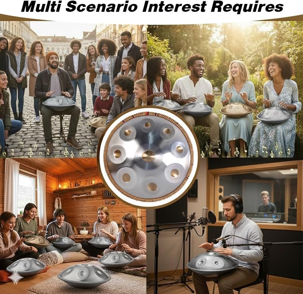 Steel Drum Handpan 22 Inches Adults Hand Pan Drum D Minor Kurd 432/440Hz 9/10/12 Notes Hand Pan Drums Instrument with Soft Bag, Mallets, Stand(440HZ/10Note)
