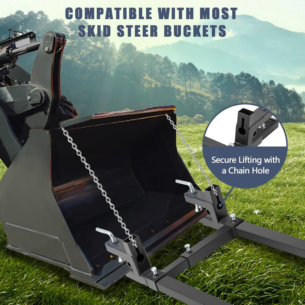 60' 2000LB Pallet Forks with Adjustable Stabilizer Bar, 17' to 33' W and 3/8' Tractor Bucket Hooks, Heavy Duty Front Loader Forks for Skid Steer, Clamp On Tractor Bucket Forks,Loader Bucket