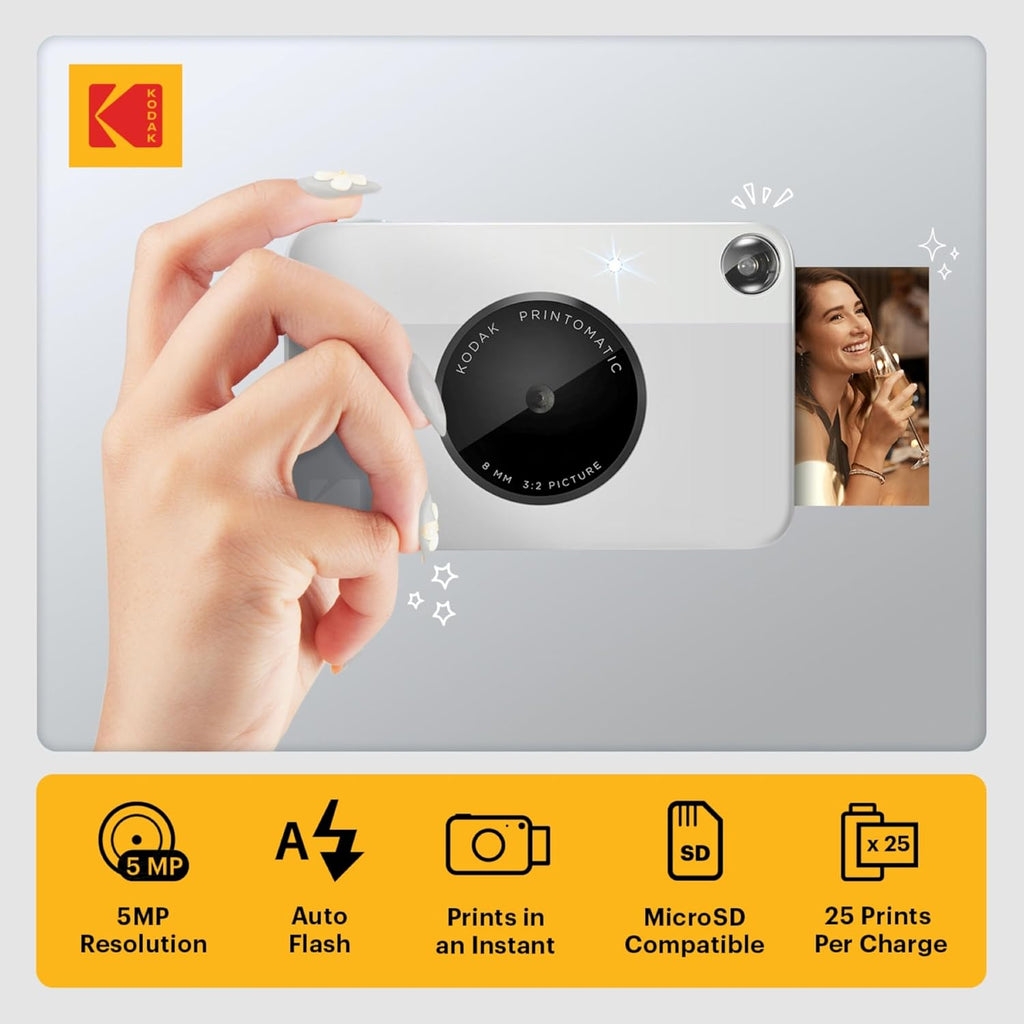 KODAK Printomatic Full-Color Instant Print Camera Gift Bundle + Soft Case + Zink 2x3 Sticky Back Photo Paper 20pk + Album + Sticker Sets + Sticker Frames + Markers + Hanging Frames, Fun Gift - Grey