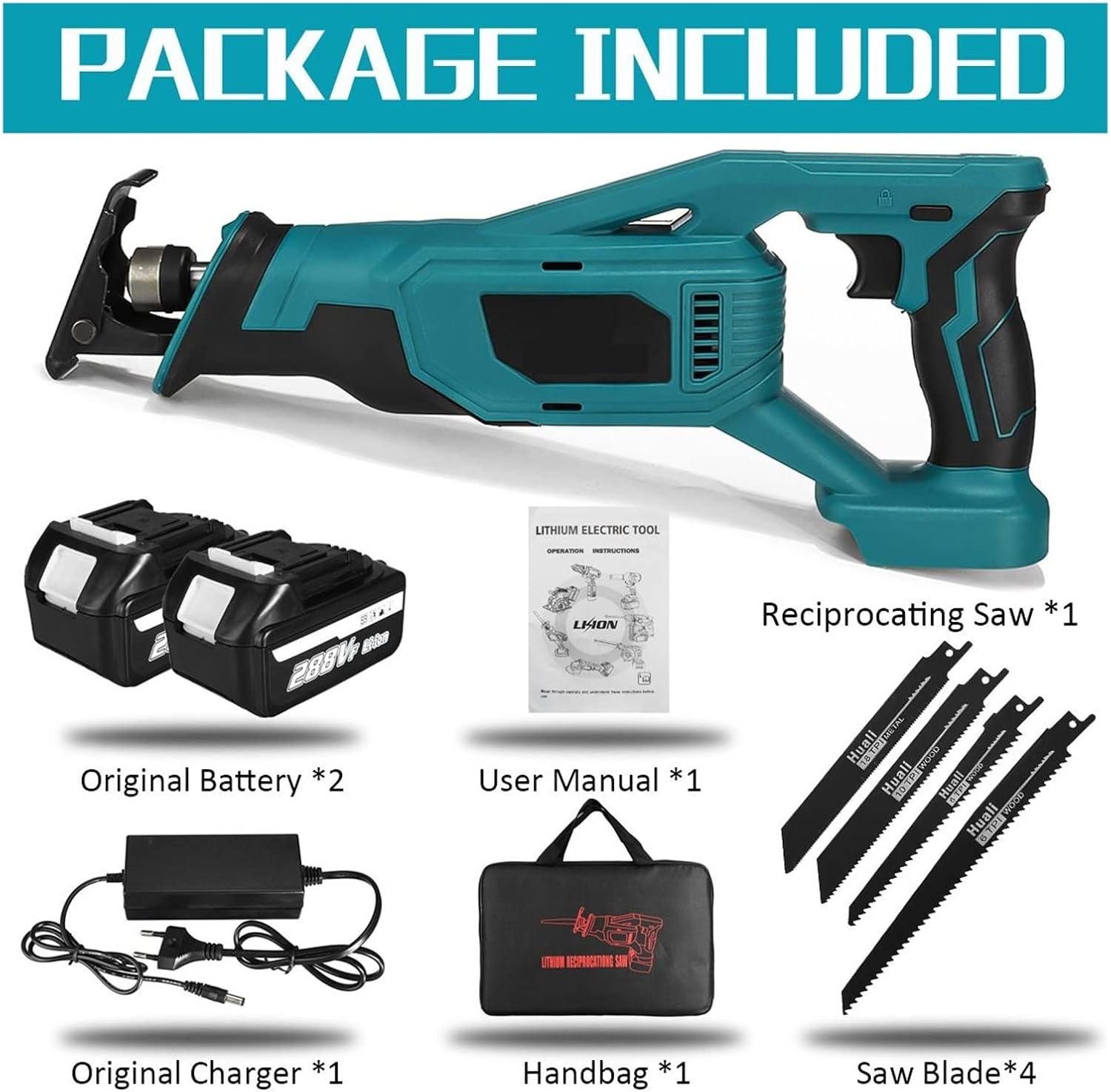 1500W 288VF Cordless Reciprocating Saw Electric Metal Wood Cutting Tool For 18V Battery With Blades 1/2PC Li-ion Battery(2 battery)