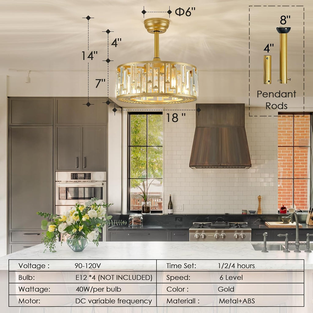 Gold Crystal Fandelier Kitchen Caged Ceiling Fan Light for Bedroom with Remote Control Modern Bladeless Brass Ceiling Fan Lighting Fixture for Dining Room Living Room
