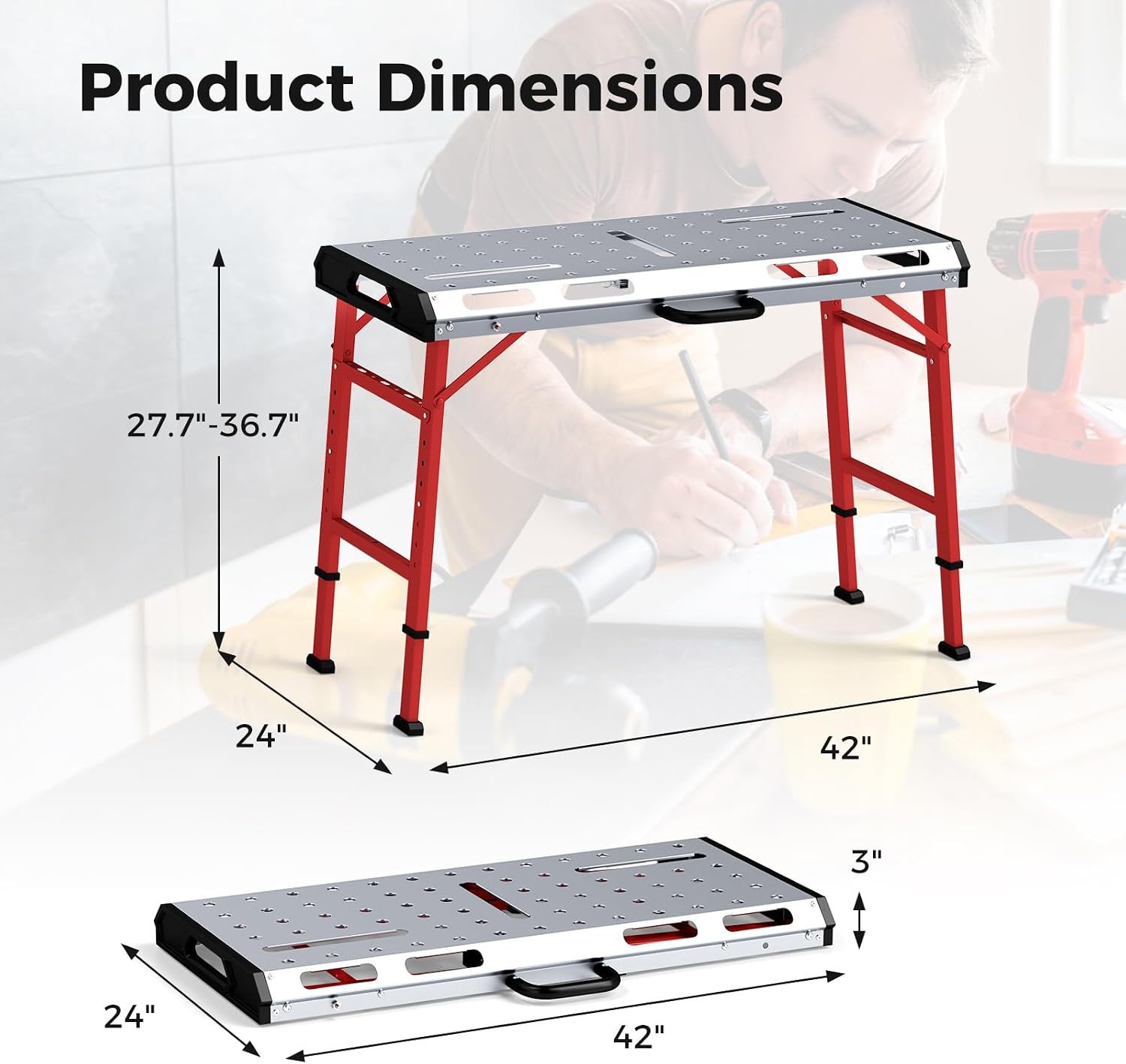 Goplus Portable Welding Table, 42' x 21' Folding Height Adjustable Weld Table Top w/1000LBS Capacity, 2 Bar Clamps, 8 Tool Slots, Handle, 0.7' Holes, Heavy-Duty Workbench Fixture Table for Garage