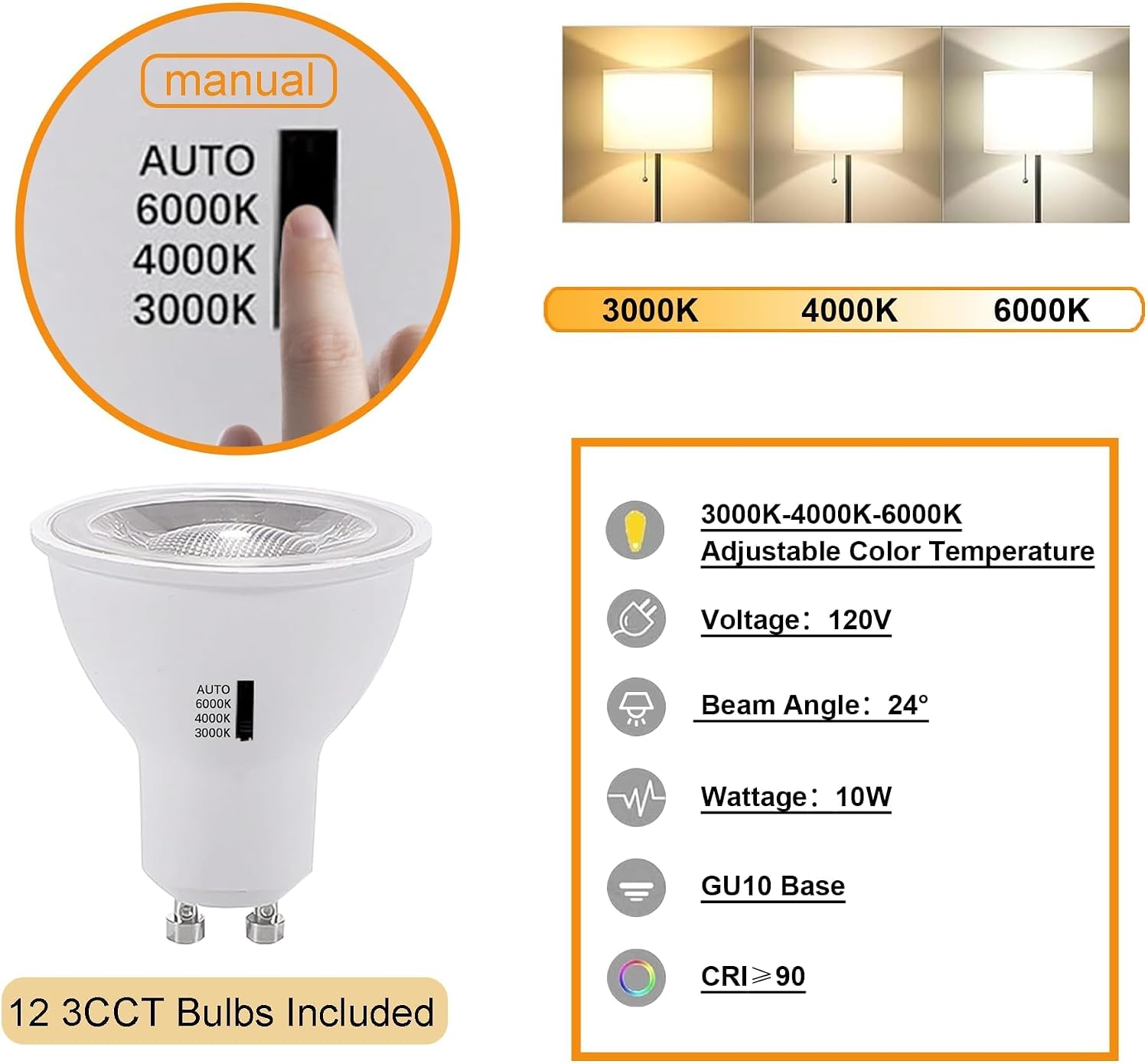 GU10 LED 3CCT White Track Lighting Kit 3000K/4000K/6000K Adjustable with 13.1FT H-Type Track Light Rails, 12PCS Ceiling Spotlight Fixture with Replaceable GU10 Bulbs