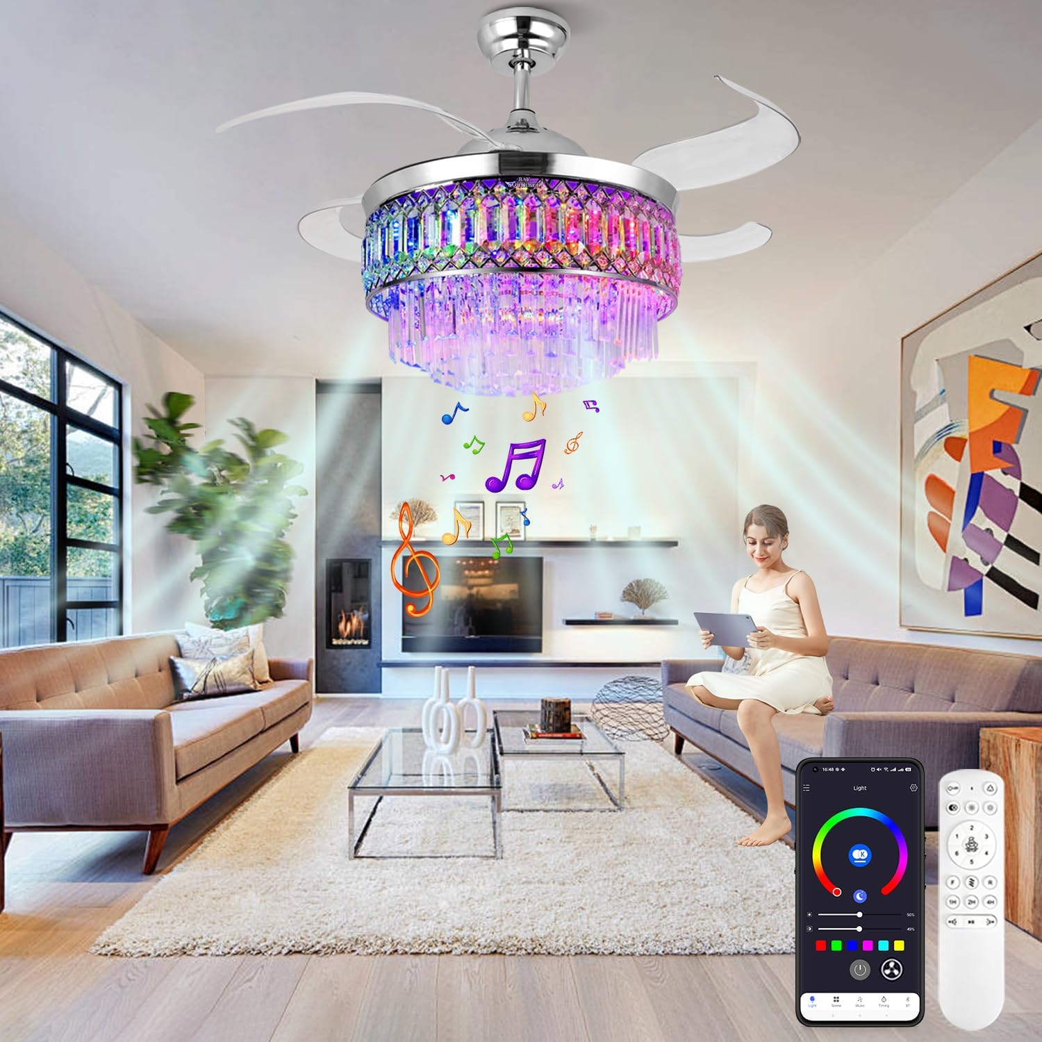 Retractable Crystal Ceiling Fan with Lights, Bluetooth Ceiling Fan with Speaker, 6-Speed Reversible Blades, RGB-LED Light, Remote & APP Control Crystal Chandelier for Bedroom Living Room 42'