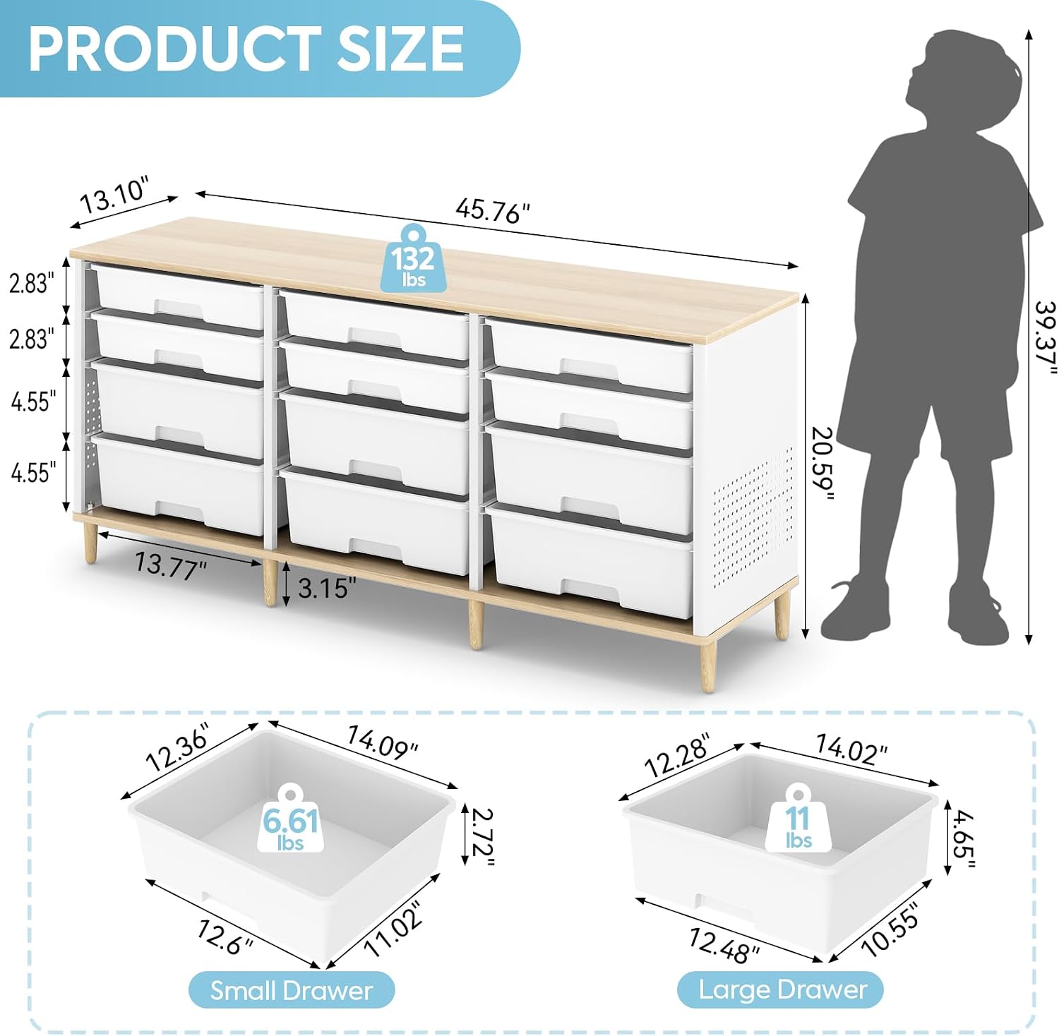 12 Drawers Storage Cabinet with Wooden Top and Plastic Bins, Toy Shelf Storage Chest Cubby Organizer for Home, Office, Playroom, Classroom & Craft Room Storage (White)