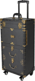 Rolling Makeup Case, Large Storage Cosmetic Trolley Makeup Case on Wheels, Rolling Makeup Train Case for Make Up Nail Hairstylists (Black and Gold)