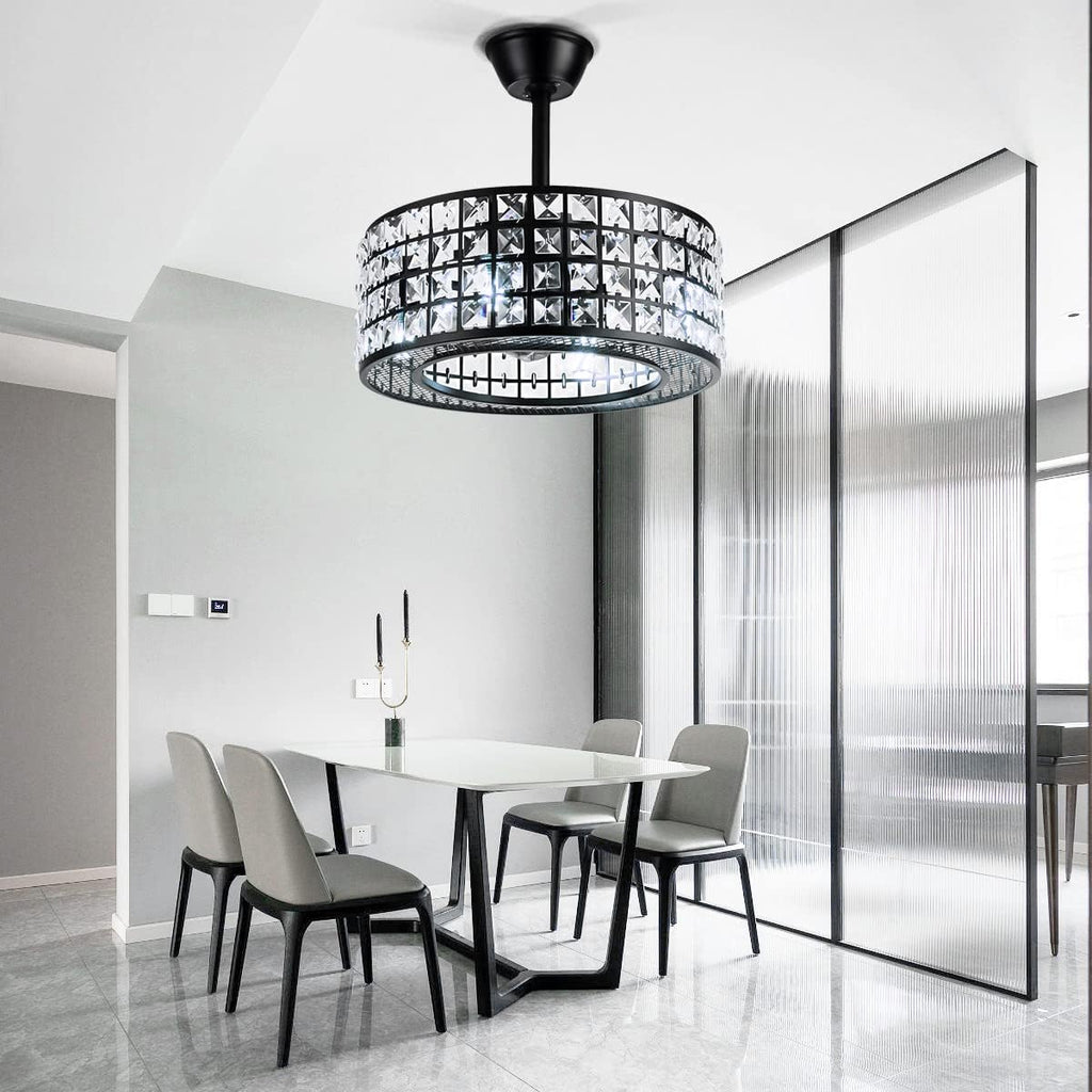 Crystal Ceiling Fan with Light and Remote, Black Caged Chandelier Fan 3 Speeds Timer Industrial Bladeless Dimmable Fandelier for Bedroom Dinning Room