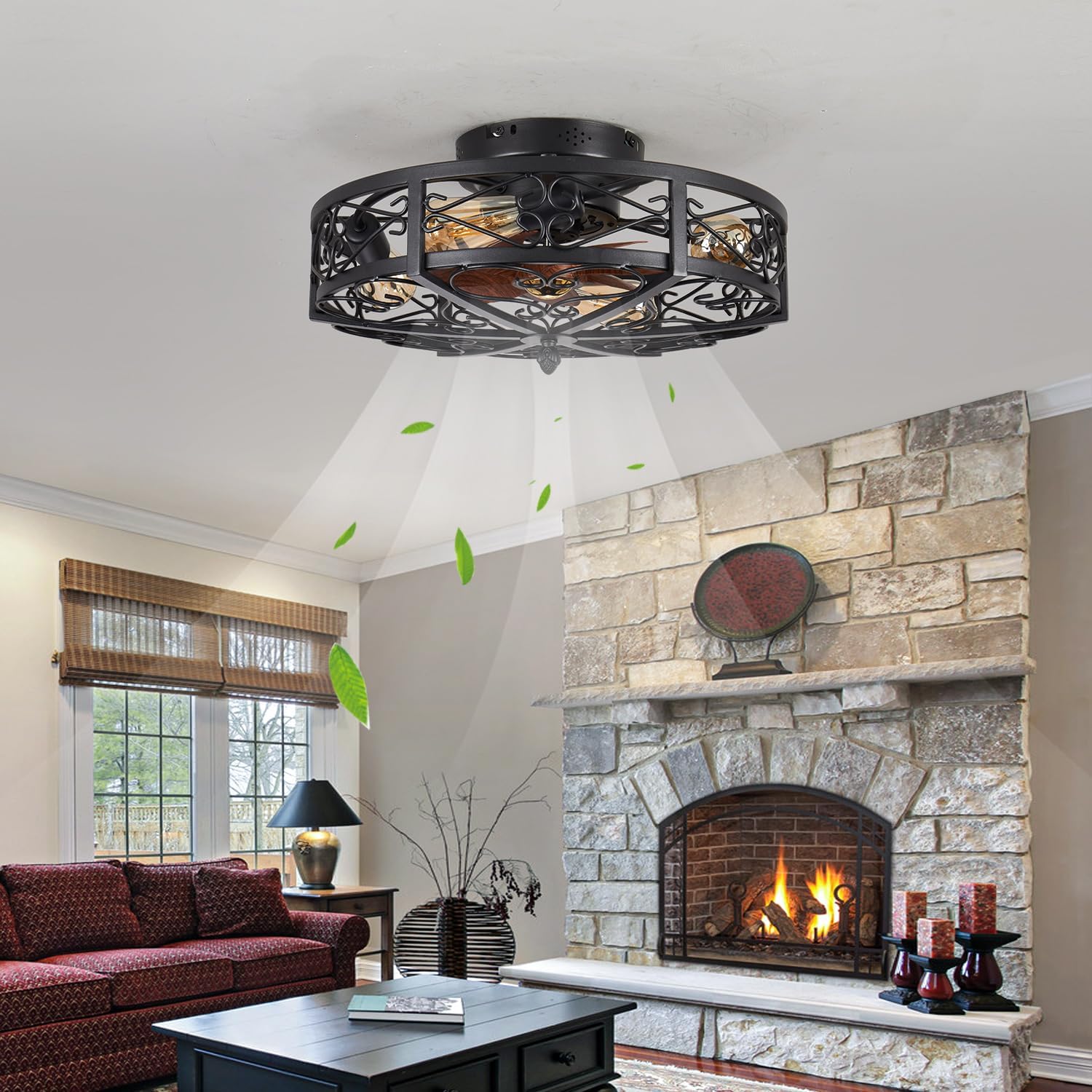 20' Caged Farmhouse Flush Mount Ceiling Fan with Light and Remote Control Bladeless Low Profile Ceiling Fans with Lights Enclosed Vintage Fan 6 Speed Reversible for Kitchen, Bedroom
