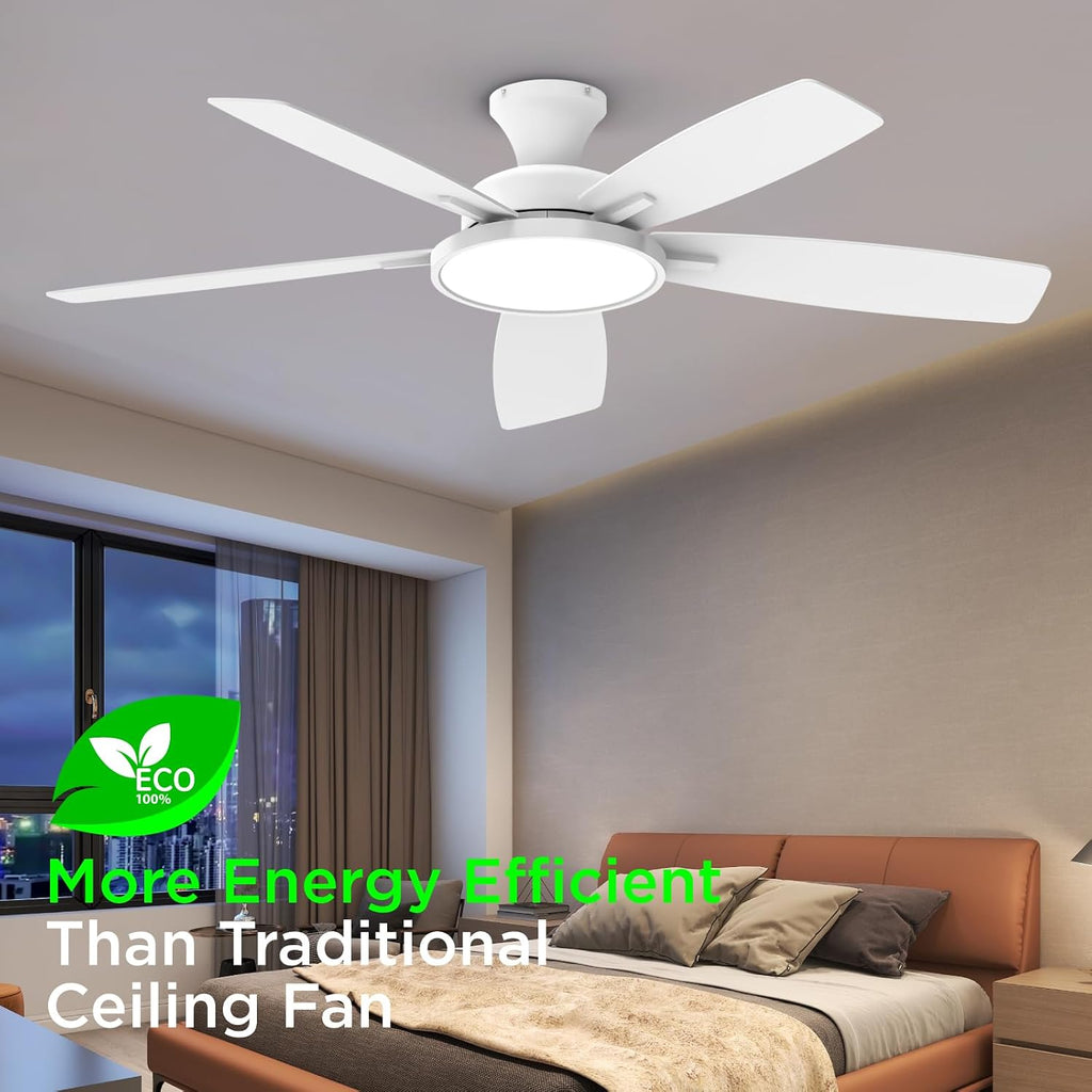 TALOYA 52 inch Ceiling Fans with Lights and Remote, Low Profile Ceiling Fan with Light, Flush Mount, Reversible, 3CCT, Dimmable, Ultra Quiet White Ceiling Fan for Bedroom Living Room Indoor Outdoor