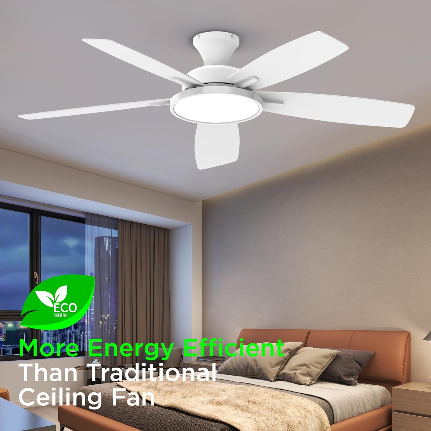 TALOYA 52 inch Ceiling Fans with Lights and Remote, Low Profile Ceiling Fan with Light, Flush Mount, Reversible, 3CCT, Dimmable, Ultra Quiet White Ceiling Fan for Bedroom Living Room Indoor Outdoor