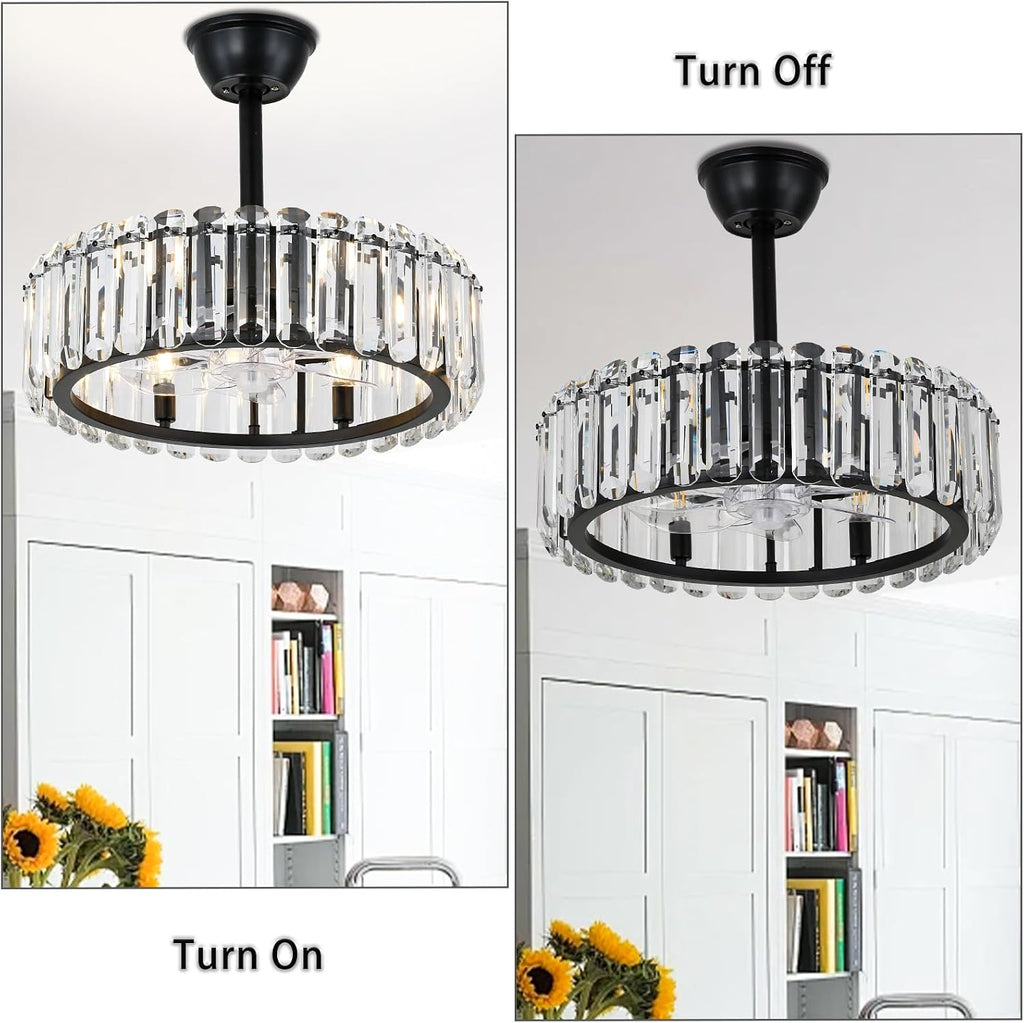 FRIXCHUR Crystal Caged Ceiling Fan with Lights and Remote 20.7 Inch Black Fandelier Semi Flush Mount 6 Speed Reversible Chandelier for Dining Bedroom Living Room Kitchen E12 x 6 Bulbs Not Included
