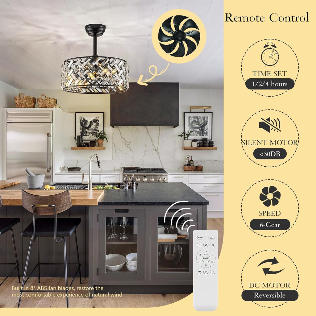Modern Caged Ceiling Fan with Light Crystal Fandelier with Remote Control 18' Black Flush Mount Ceiling Fan DC Motor with Reversible 8 Blades 6 Speeds for Bedroom Dining Room Kitchen