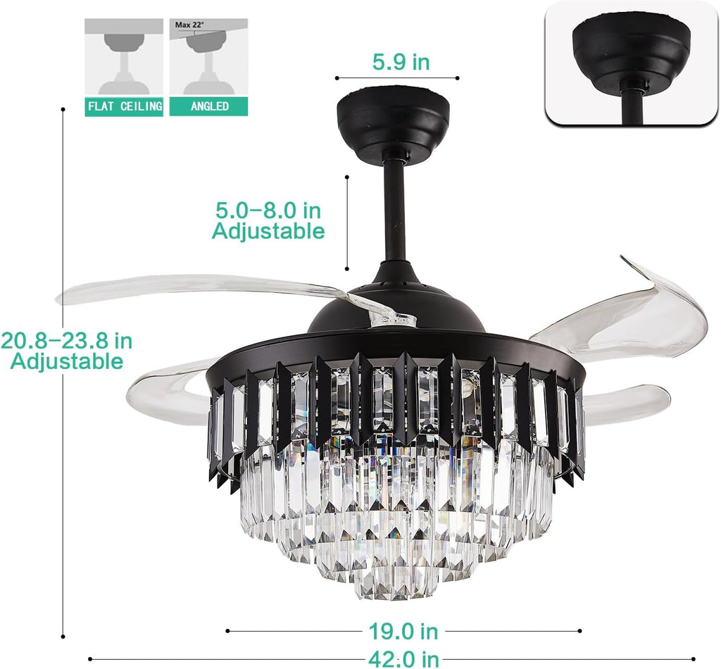42' Dimmable Black Fandelier Ceiling Fans with Lights and Remote Modern Retractable Blade Crystal Chandelier Ceiling Fan with Lights for Bedroom Dinning Room Living Room