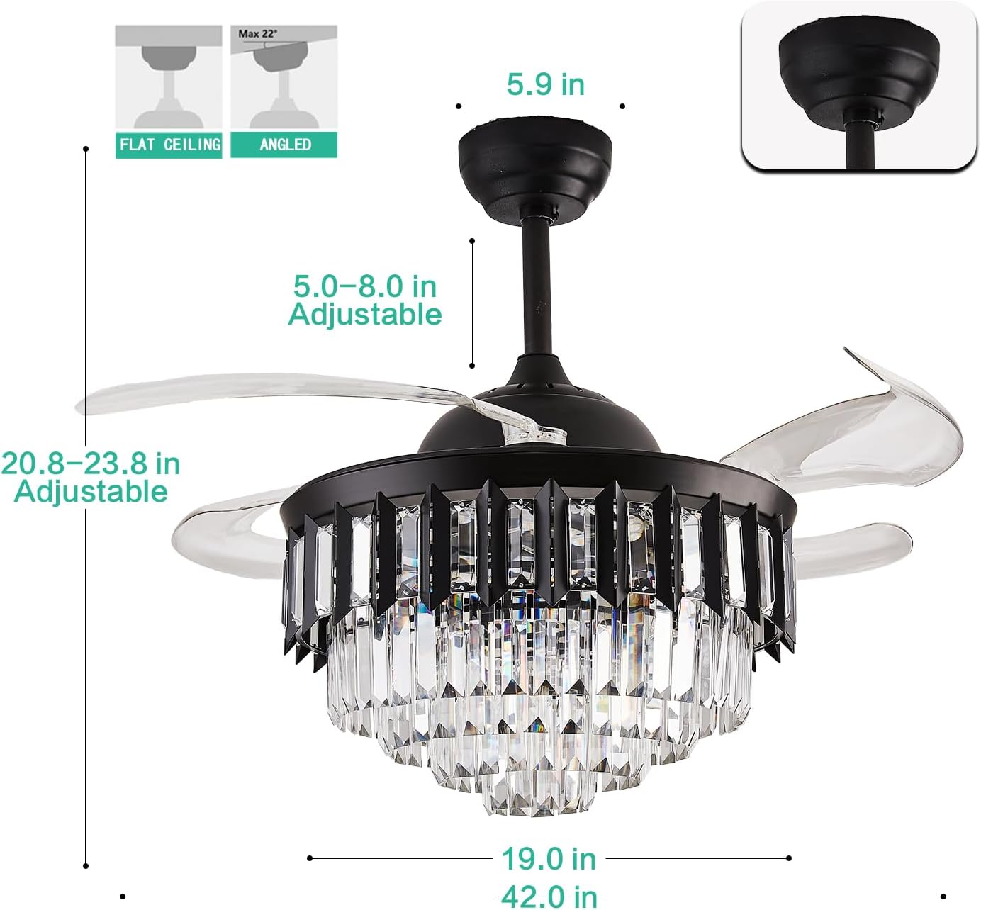 42' Dimmable Black Fandelier Ceiling Fans with Lights and Remote Modern Retractable Blade Crystal Chandelier Ceiling Fan with Lights for Bedroom Dinning Room Living Room