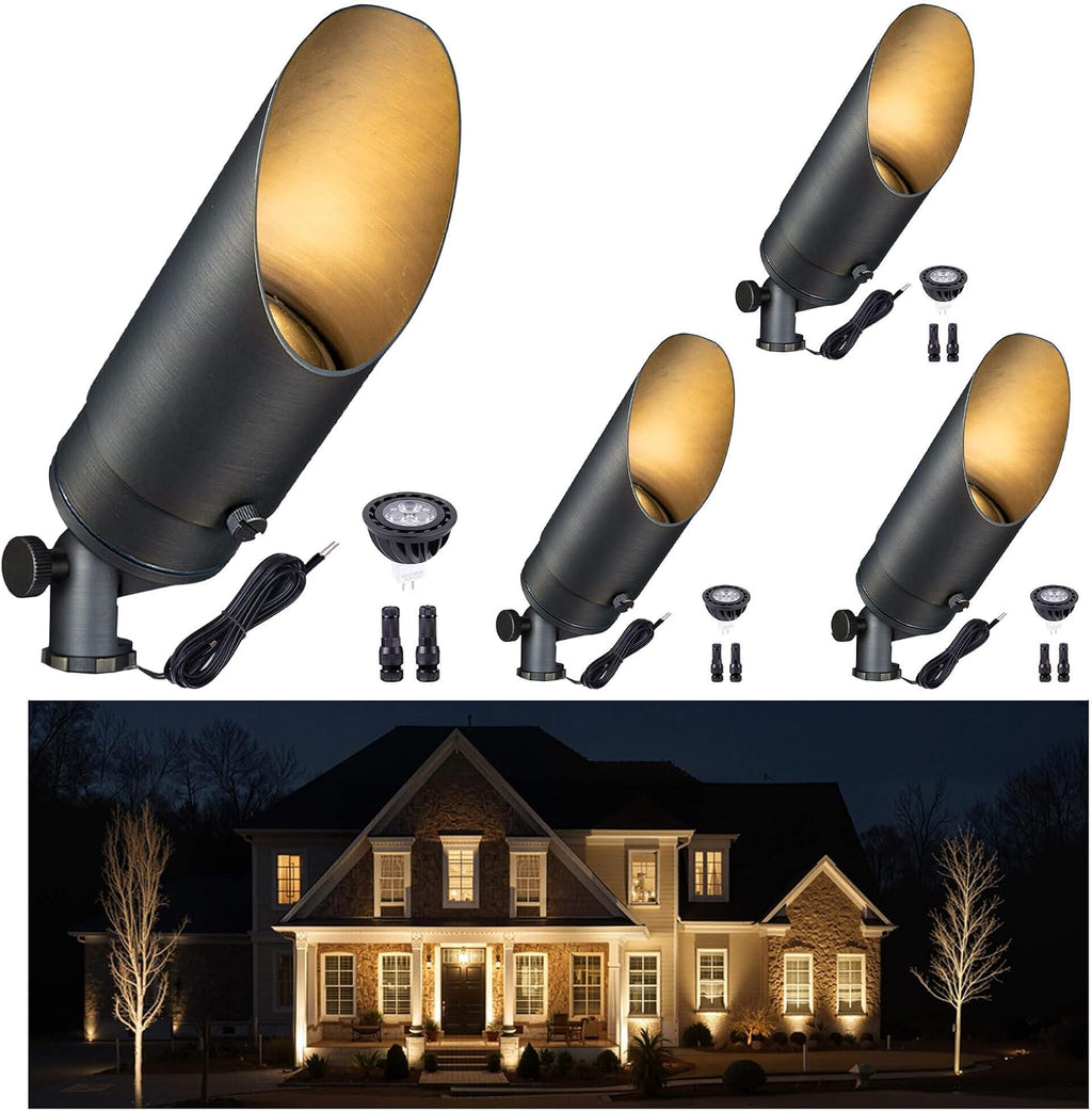 Gardenreet Brass Landscape Lighting - Low Voltage Outdoor Spotlights, Wired LED Uplights 12V, Waterproof Spot Lights, Antique Bronze for Outside Trees with Warm White MR16 Bulb (4 Pack)