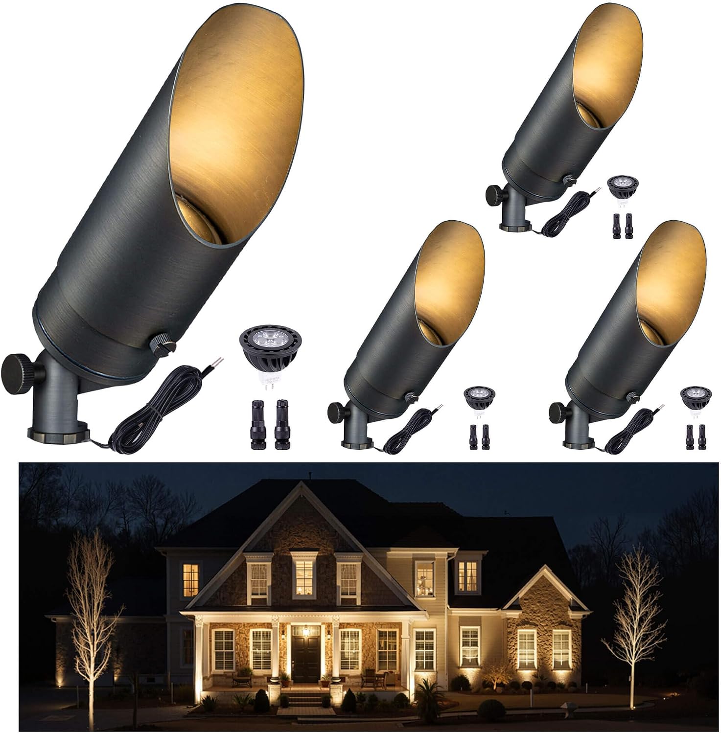 Gardenreet Brass Landscape Lighting - Low Voltage Outdoor Spotlights, Wired LED Uplights 12V, Waterproof Spot Lights, Antique Bronze for Outside Trees with Warm White MR16 Bulb (4 Pack)